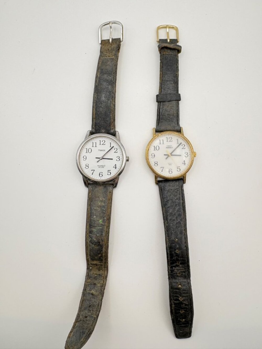 Lot 2 Timex Indiglo Quartz Watches Silver & Gold Tone Easy Reader Black Leather